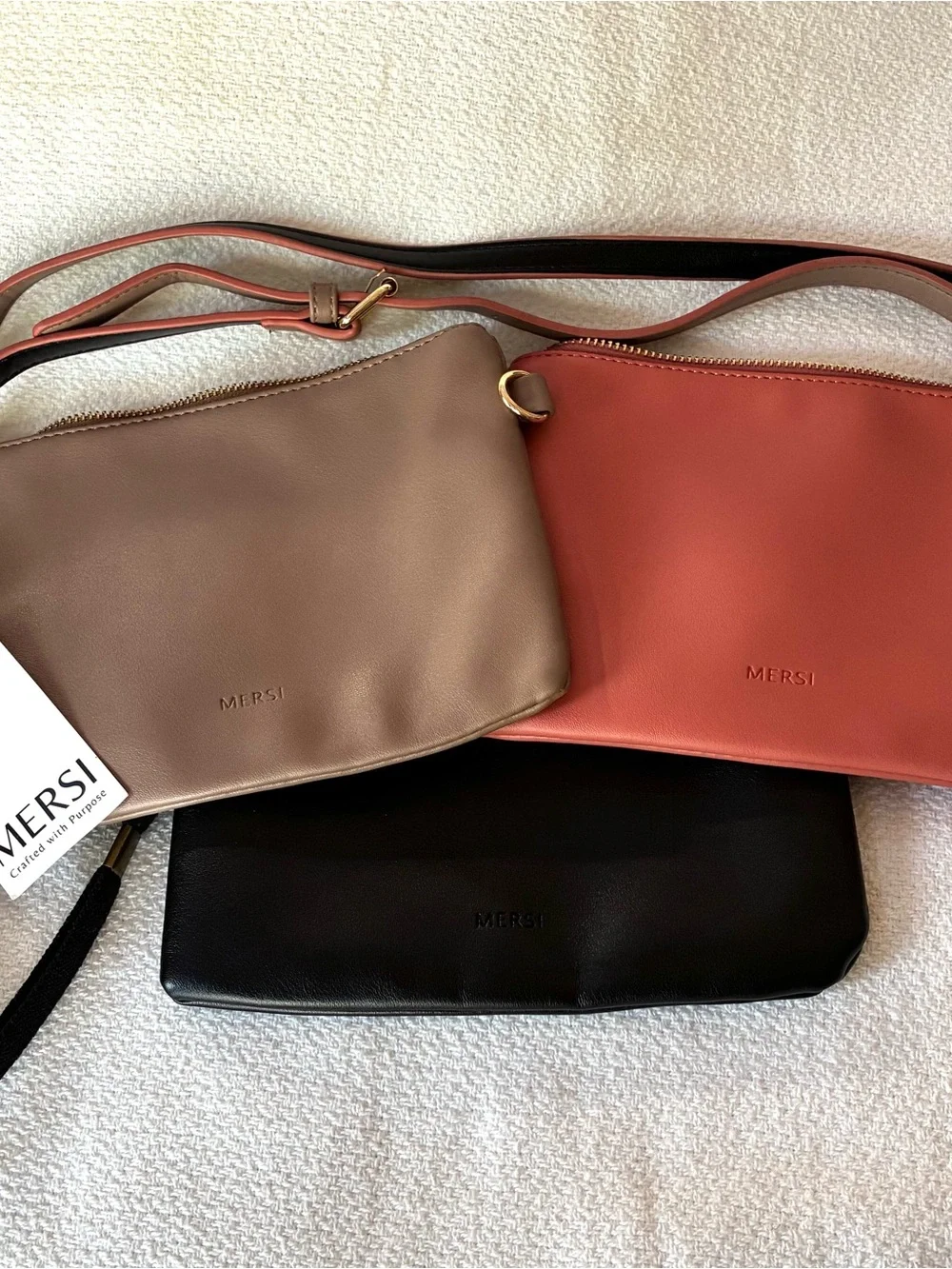 Three-Piece Vegan Leather Crossbody Set in Black, Coral & Taupe NWT